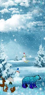 Snowy winter landscape with animated animals creating a festive, magical scene.