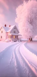 Snow-covered house with frosty trees under a pink sky, creating a serene winter scene.