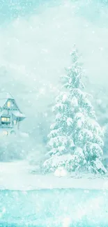 A snowy scene with pine trees and a cozy cottage in a winter wonderland.