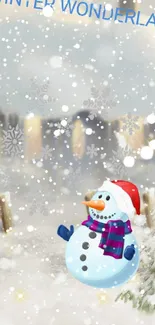 Snowman in a winter village setting on a mobile wallpaper, spreading cheer.