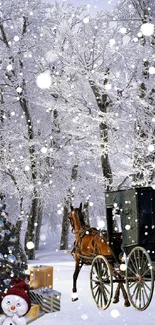 Snowy landscape with carriage and snowmen.