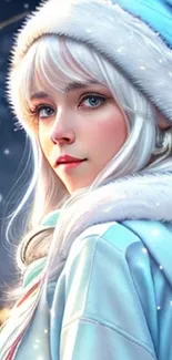 Winter-themed mobile wallpaper featuring a girl in snowy scenery.