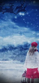 Girl in red stands in snowy landscape with reindeer overhead.