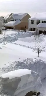 Snowy neighborhood with houses blanketed in white snow, showcasing winter serenity.