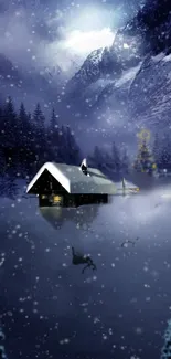 Snowy cabin with deer under a starry mountain sky.