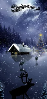 Winter night scene with reindeer and Christmas tree by a snowy cabin.