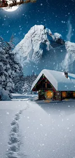 Snowy cabin with festive lights under moonlit sky.