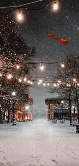 Snowy park at night with twinkling lights and winter ambiance.