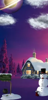 A snowy winter cottage with snowman and planet in a vibrant purple night sky.