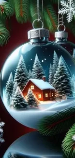 Cozy cabin in snowy Christmas ornament with evergreen trees.