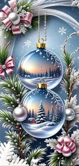 Christmas ornaments with snowy winter scenes and festive wreaths.