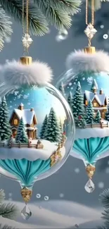 Glass ornaments depicting a winter village scene with snow-covered trees.
