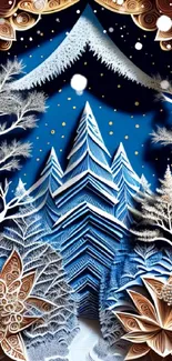 Intricate paper art of a winter wonderland scene with snowy trees and starry sky.