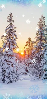 Snowy pine trees with sunset backdrop and blue borders.