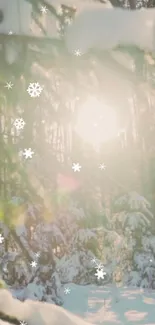 Snowy forest with sunlit branches and falling snowflakes.