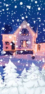 Cozy house in snowy winter with festive lights and falling snowflakes.