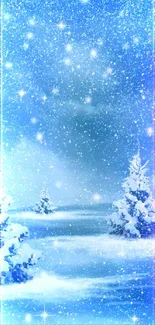 Snowy winter landscape with twinkling stars and frosty trees creating a serene view.