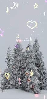 Snow-covered trees with neon lights wallpaper.