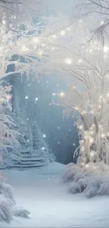 Enchanting winter scene with frosted trees and twinkling lights in a snowy forest.