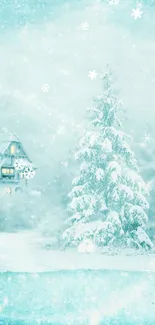 Enchanting winter scene wallpaper with a snowy landscape and cozy cabin.