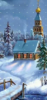 Snowy winter cabin with church in serene snowy forest.