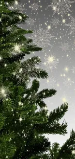 Festive Christmas tree with snowflakes and stars on a winter background.