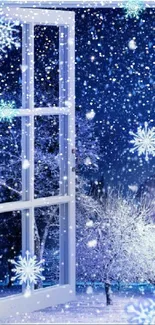 Serene winter scene with snowflakes and open window, perfect for phone wallpaper.