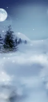 Moonlit winter landscape with snow and trees.