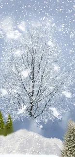 Snowy tree with gentle snowfall on a light blue background.