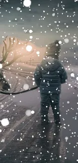 Child with reindeer in snowy wonderland.