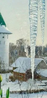 Winter village scene with icicles and a vintage tower, perfect for mobile wallpaper.