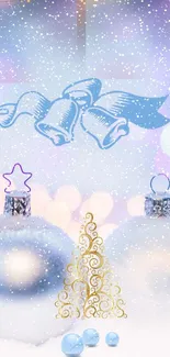 Winter-themed phone wallpaper with ornaments and falling snow.