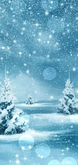 Winter wallpaper with snow-dusted trees and sparkling snowflakes.