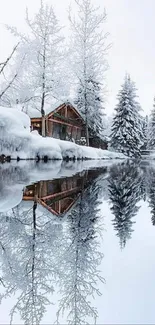 Snowy cabin by a reflective river in a winter forest.