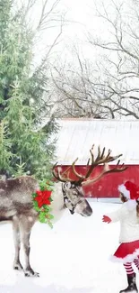 A festive winter scene with a reindeer and girl in a Santa outfit, perfect for Christmas.