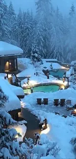 Snowy cabins and forest in winter retreat setting.