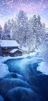 A snowy cabin at dusk by a vibrant blue river in a winter forest scene.