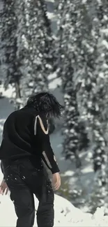 Person in black in snowy forest scene.