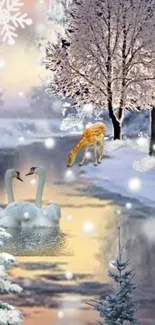 Winter scene with swans and deer near snowy trees.