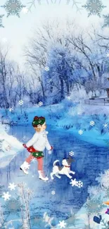 Child and dog skating on a winter pond with snowflakes and a snowy house in the distance.