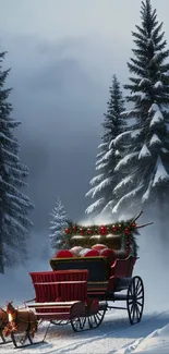 Red sleigh in snowy forest with pine trees and fog.