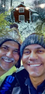 Two smiling friends in snowy landscape with cabin.