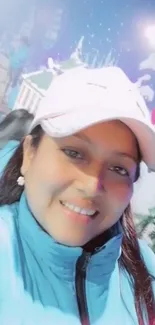 Smiling woman in blue jacket against snowy background.