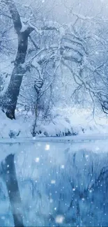 Tranquil winter scene with snow and a reflective icy lake.