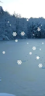 Frozen lake with snowflakes in winter landscape.