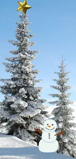 Snowman standing beneath snow-covered trees with a star above.