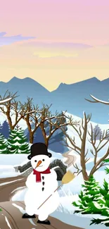 Cheerful snowman in a winter landscape with trees and mountains.