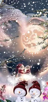 Snowmen under a moonlit winter sky with falling snowflakes.