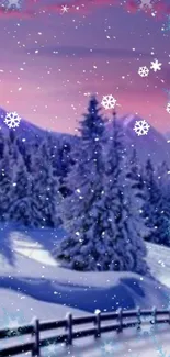 Snowy forest wallpaper with pastel sky and snowflakes