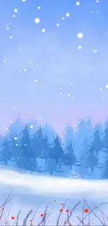 A snowy forest with falling snowflakes against a blue sky.